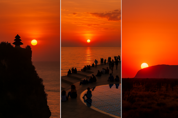 Montagem de três pores do sol inesquecíveis: à esquerda, o Templo de Uluwatu em Bali com o sol se pondo sobre o oceano e o templo silhuetado em um penhasco; ao centro, o pôr do sol em Zadar, Croácia, com pessoas sentadas em degraus à beira-mar observando o sol refletido na água; à direita, o sol se pondo atrás do monólito de Uluru no deserto australiano, com o céu intensamente alaranjado.