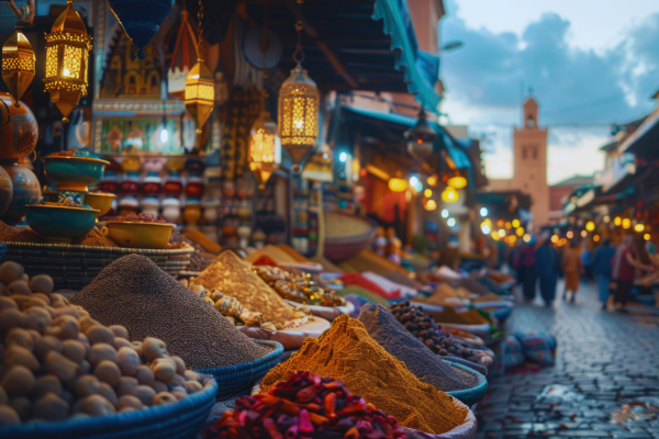 Mercado tradicional na medina de Marrakech com especiarias, lanternas e cerâmicas sob luz suave ao entardecer — uma das melhores feiras do mundo para conhecer.
