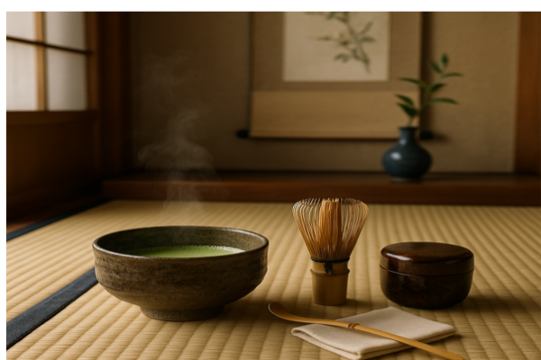 Utensílios tradicionais de uma cerimônia do chá em Quioto dispostos sobre tatame: tigela de matcha com vapor, chasen, natsume e chashaku, em um ambiente sereno com luz suave e estética minimalista japonesa.