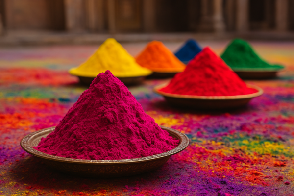 Montes de gulal — os pós coloridos usados na experiência do Holi na Índia — dispostos em pratos rústicos sobre um chão vibrante, como se aguardassem o início de um ritual que começa em silêncio.