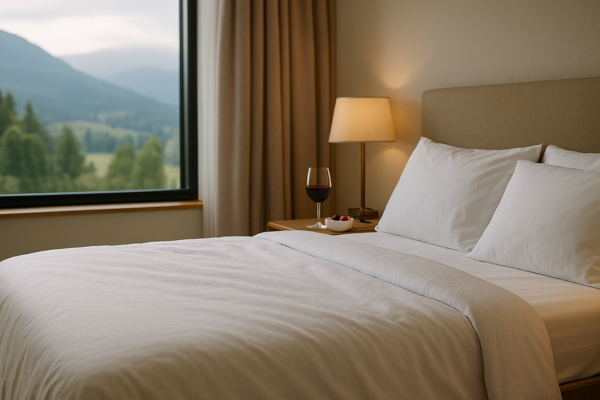 Ambiente acolhedor com vista para a natureza, representando os pequenos luxos em viagens como descanso, silêncio e presença