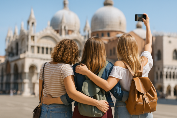 Três mulheres vistas de costas tirando uma selfie diante de um ponto turístico europeu, em clima leve de viagem entre amigas.