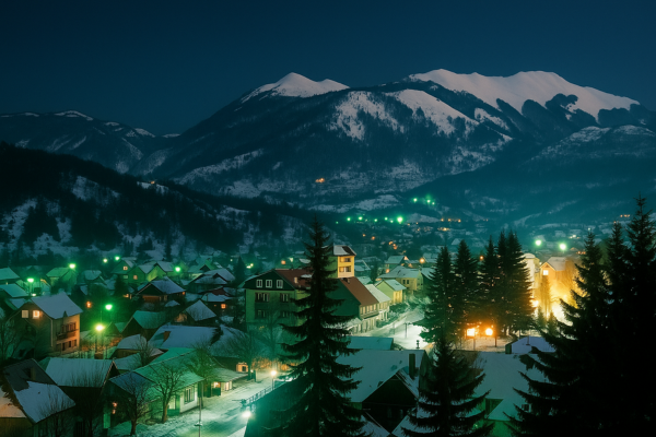 Vista noturna de Žabljak coberta de neve, com luzes suaves nas casas e montanhas Durmitor ao fundo, em Montenegro durante o inverno